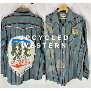 Unisex UPCYCLED Police Band Tee Western Pearl Snap XL Grunge Hippie Rockabilly